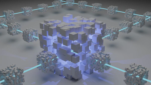 Renderização abstrata em três dimensões usada na abertura de uma palestra